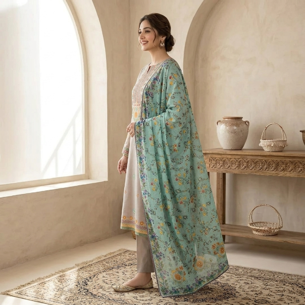 Elegant Taupe & Mint Printed 3-Piece Suit