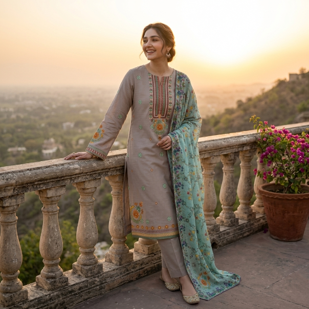 Elegant Taupe & Mint Printed 3-Piece Suit