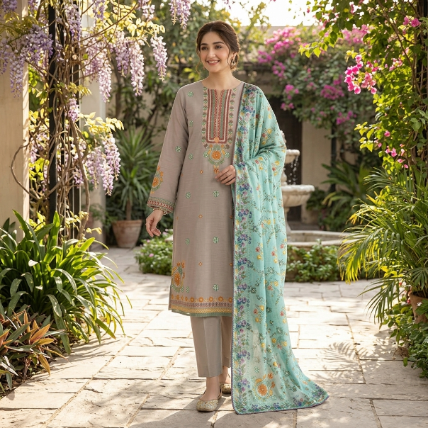 Elegant Taupe & Mint Printed 3-Piece Suit