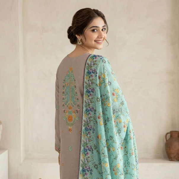 Elegant Taupe & Mint Printed 3-Piece Suit